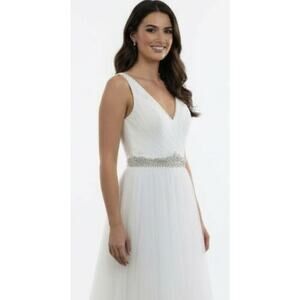 Private Label Tulle Layered  Line V-neck Wedding Dress Rhinestone Belt Sz 12